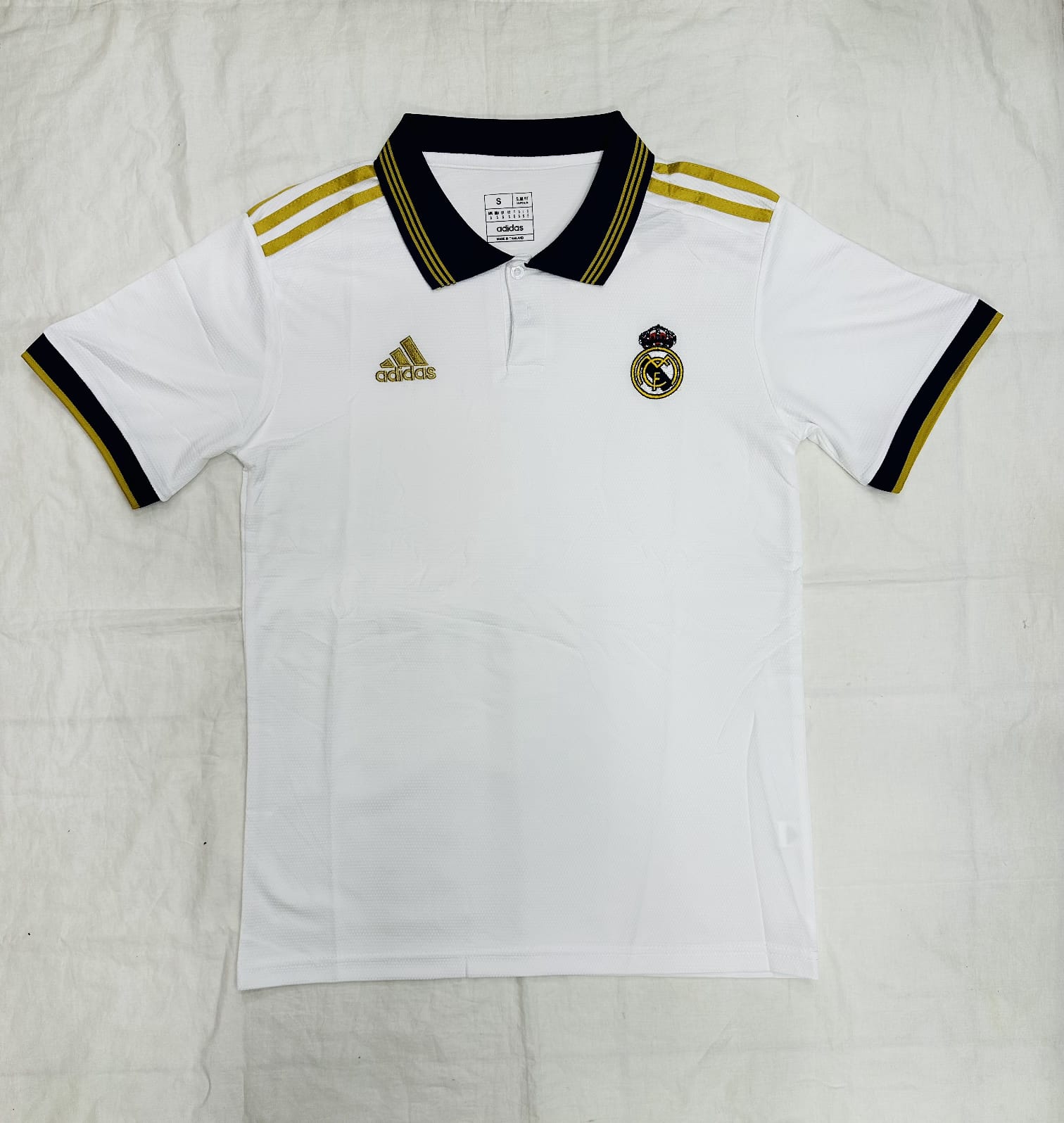 Real Madrid Polo T Shirt White Gold Jersey Nation