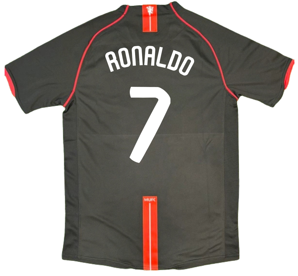Black sports jersey with 'RONALDO' and number '7' on a white background